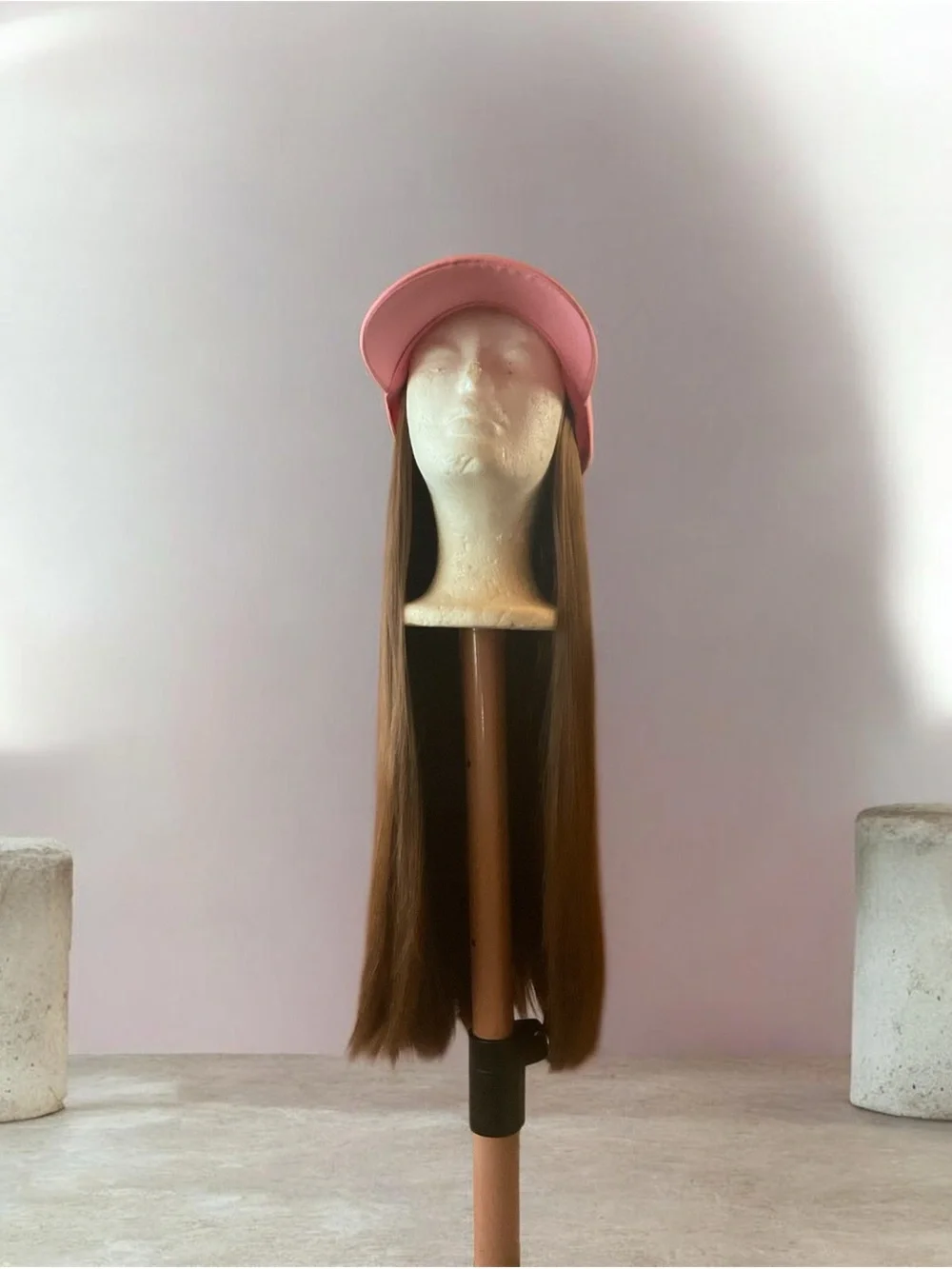 Pink Baseball Cap Wig with Long Straight Brown Hair - Unbranded